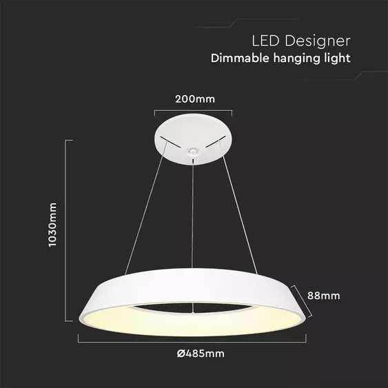 V-TAC dimmelhető 48W designer körcsillár, meleg fehér, fehér házzal, 100 Lm/W - SKU 6903