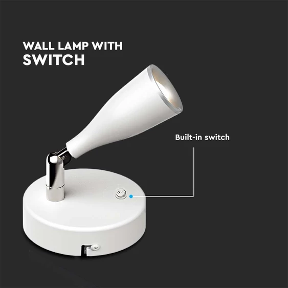 V-TAC egyfejű 4.5W beltéri fehér fali LED lámpa, kapcsolóval, meleg fehér, 90 Lm/W - SKU 218675