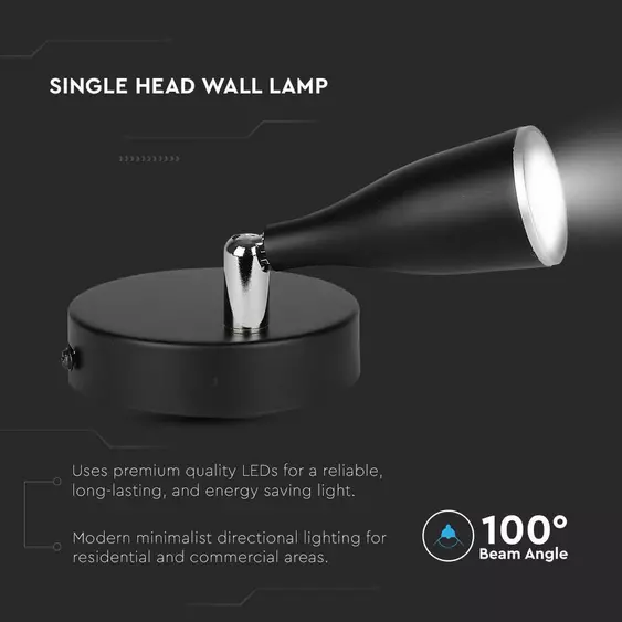 V-TAC egyfejű 4.5W beltéri fekete fali LED lámpa, meleg fehér, 90 Lm/W - SKU 218263