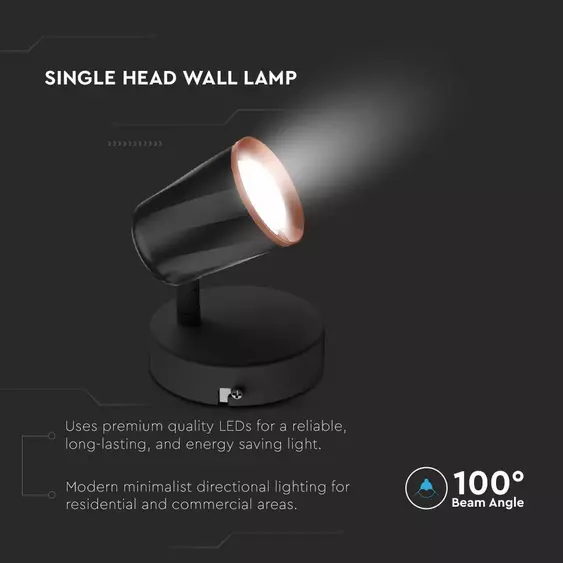 V-TAC egyfejű 5W beltéri fekete fali LED lámpa, természetes fehér, 100 Lm/W - SKU 218253