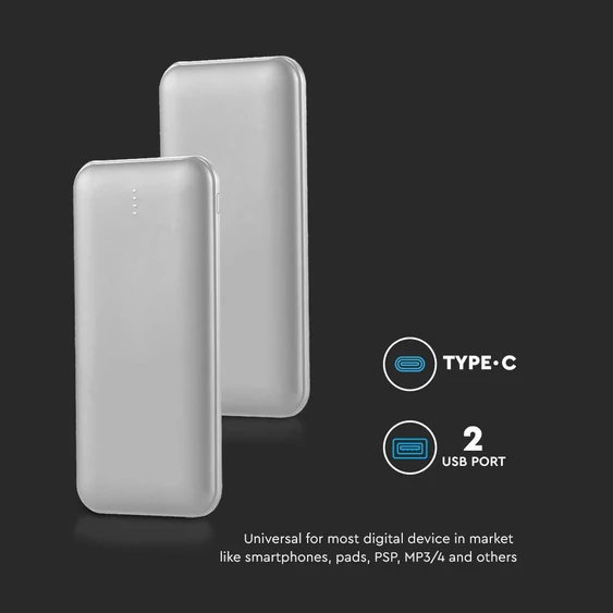 V-TAC ezüst 10000mAh powerbank, 30cm Type-C kábellel - SKU 23035