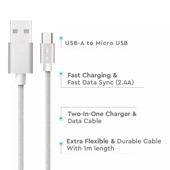 V-TAC ezüst, USB - Micro USB 1m hálózati kábel - SKU 8489