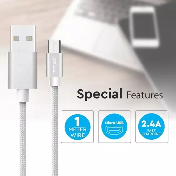 V-TAC ezüst, USB - Micro USB 1m hálózati kábel - SKU 8489
