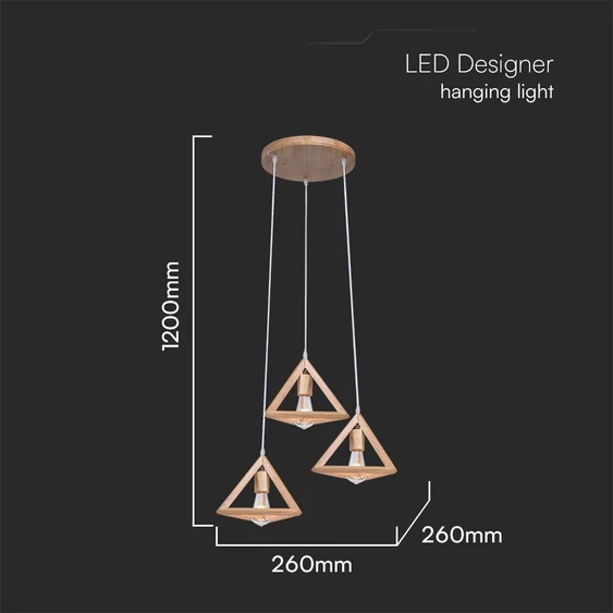 V-TAC fa hatású, gúla alakú 3 lámpás csillár, függeszték E27 foglalattal - SKU 23367