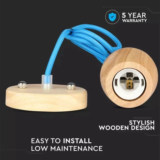 V-TAC fa lámpa, függeszték, kék vezetékkel E27 foglalattal - SKU 3722