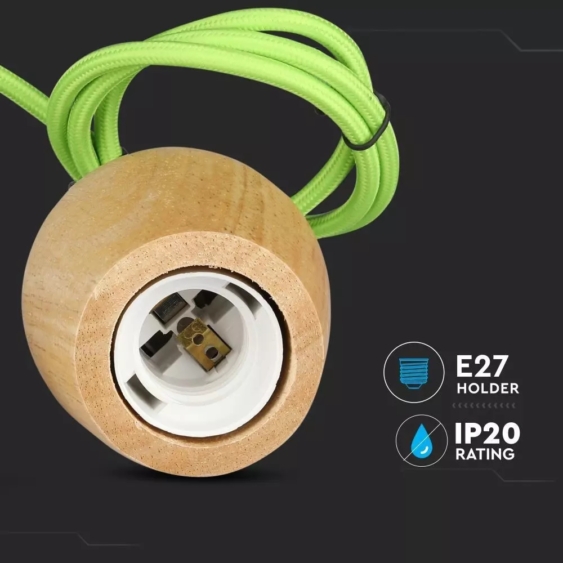 V-TAC fa lámpa, függeszték, zöld vezetékkel E27 foglalattal - SKU 3725