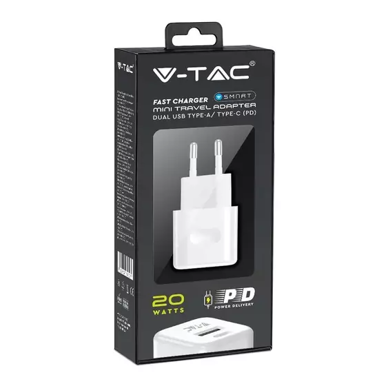 V-TAC fali 20W gyorstöltő, utazó adapter, USB és Type-C csatlakozóval, fehér - 6678