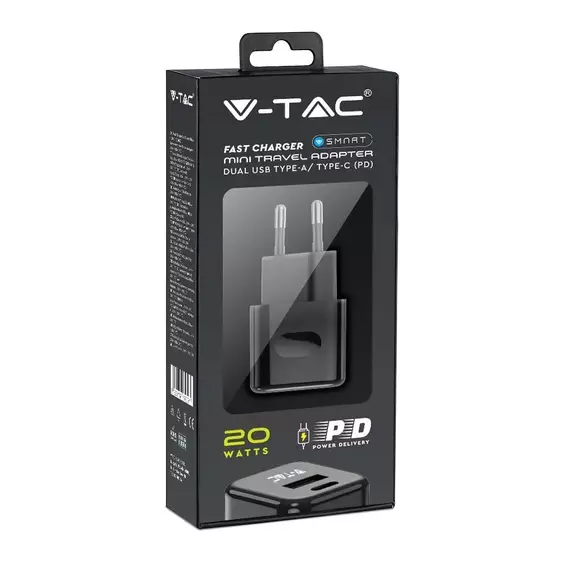 V-TAC fali 20W gyorstöltő, utazó adapter, USB és Type-C csatlakozóval, fekete - 6677