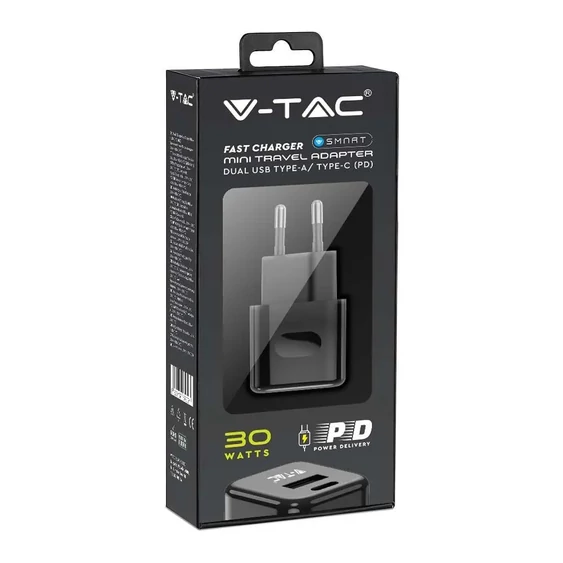 V-TAC fali 30W gyorstöltő, utazó adapter, USB és Type-C csatlakozóval, fekete - 6679