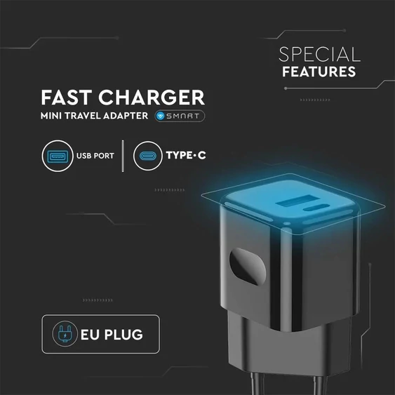 V-TAC fali 30W gyorstöltő, utazó adapter, USB és Type-C csatlakozóval, fekete - 6679