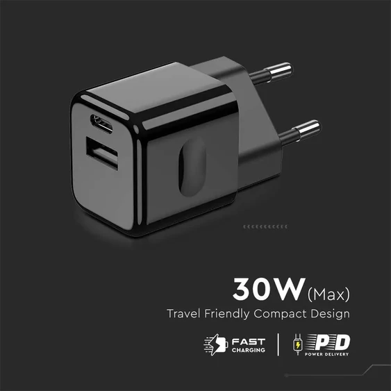 V-TAC fali 30W gyorstöltő, utazó adapter, USB és Type-C csatlakozóval, fekete - 6679