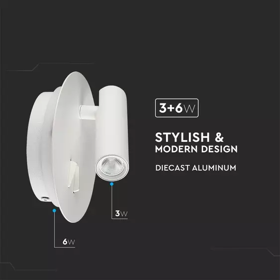 V-TAC fali LED COB olvasólámpa fehér 3+6W meleg fehér - SKU 1489