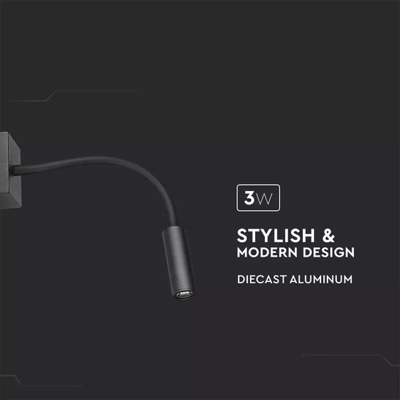 V-TAC fali LED COB olvasólámpa fekete 3W meleg fehér - SKU 1485