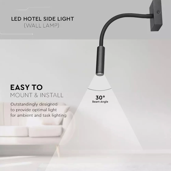 V-TAC fali LED COB olvasólámpa fekete 3W meleg fehér - SKU 1485