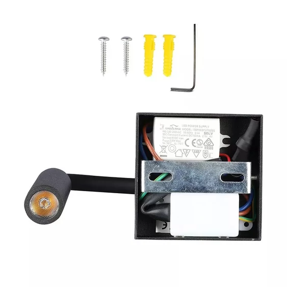 V-TAC fali LED COB olvasólámpa fekete 3W meleg fehér - SKU 1485