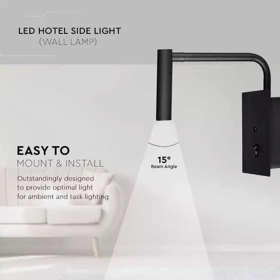 V-TAC fali LED COB olvasólámpa kapcsolóval és USB töltővel, fekete 3W meleg fehér - SKU 211487