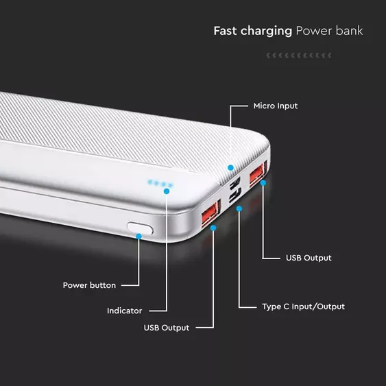 V-TAC fehér 10000mAh powerbank, Power Delivery, gyorstöltéssel, Type-C kábellel - SKU 7832