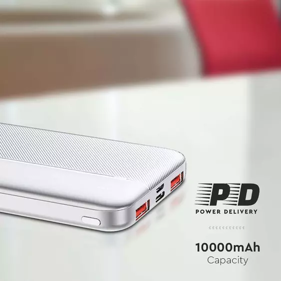 V-TAC fehér 10000mAh powerbank, Power Delivery, gyorstöltéssel, Type-C kábellel - SKU 7832