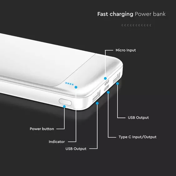 V-TAC fehér 10000mAh powerbank, Power Delivery, gyorstöltéssel, Type-C kábellel - SKU 7834