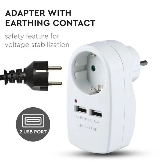 V-TAC fehér, fali adapter 1db aljzattal, 2db USB csatlakozóval - SKU 8795