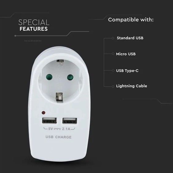 V-TAC fehér, fali adapter 1db aljzattal, 2db USB csatlakozóval - SKU 8795