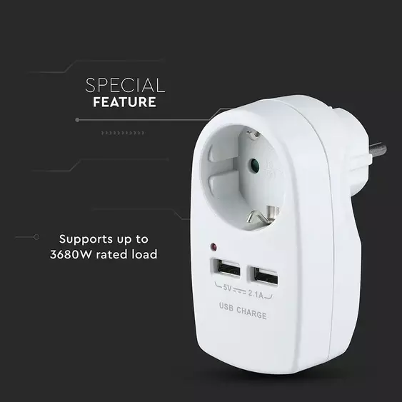 V-TAC fehér, fali adapter 1db aljzattal, 2db USB csatlakozóval - SKU 8795
