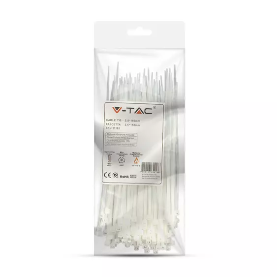 V-TAC fehér, műanyag gyorskötöző 2.5x150mm, 100db/csomag - SKU 11161