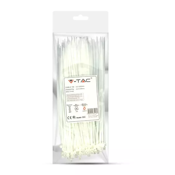 V-TAC fehér, műanyag gyorskötöző 2.5x200mm, 100db/csomag - SKU 11163