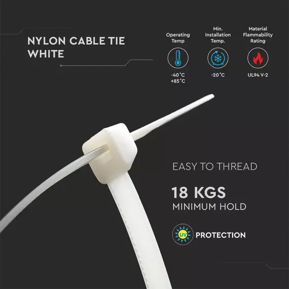 V-TAC fehér, műanyag gyorskötöző 3.5x150mm, 100db/csomag - SKU 11165