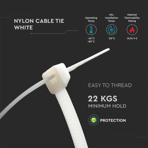 V-TAC fehér, műanyag gyorskötöző 4.5x300mm, 100db/csomag - SKU 11173
