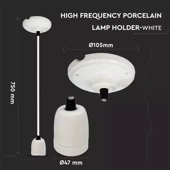 V-TAC fehér porcelán függeszték E27 foglalattal - SKU 3803