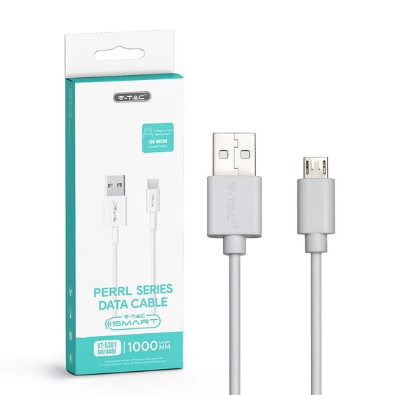 V-TAC fehér, USB - Micro USB 1m hálózati kábel - SKU 8480