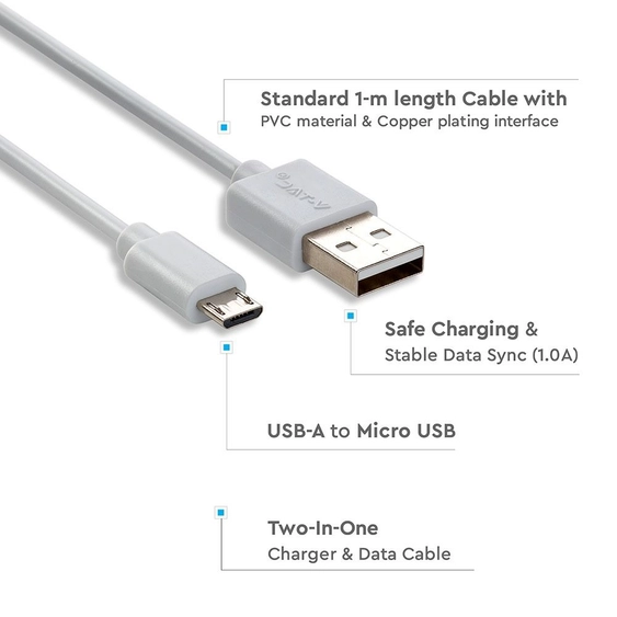 V-TAC fehér, USB - Micro USB 1m hálózati kábel - SKU 8480
