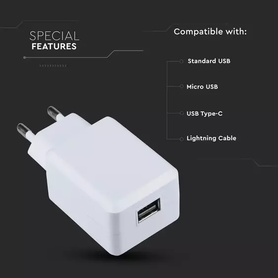 V-TAC fehér USB QC3.0 hálózati adapter - SKU 8793