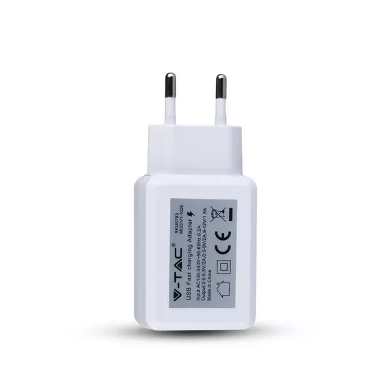 V-TAC fehér USB QC3.0 hálózati adapter - SKU 8793