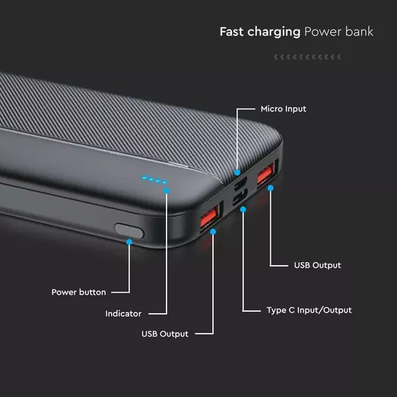 V-TAC fekete 10000mAh powerbank, Power Delivery, gyorstöltéssel, Type-C kábellel - SKU 7831