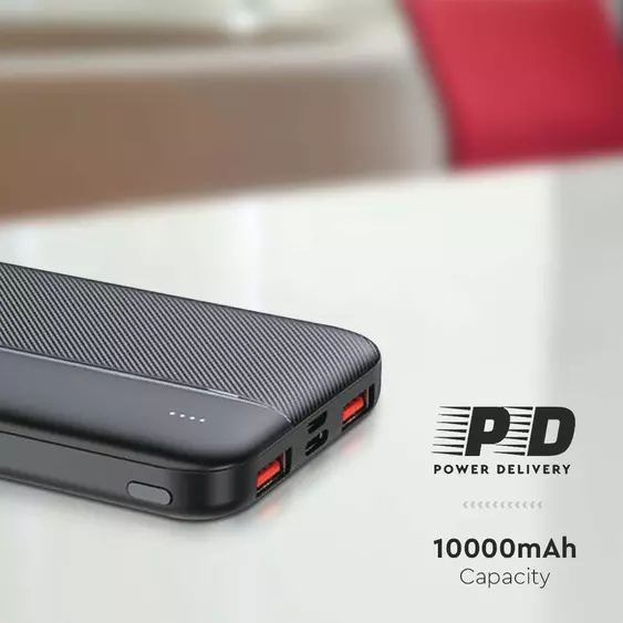 V-TAC fekete 10000mAh powerbank, Power Delivery, gyorstöltéssel, Type-C kábellel - SKU 7831