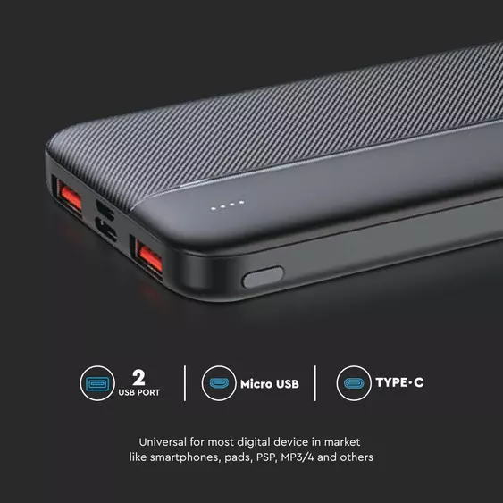 V-TAC fekete 10000mAh powerbank, Power Delivery, gyorstöltéssel, Type-C kábellel - SKU 7831