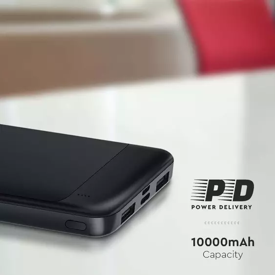 V-TAC fekete 10000mAh powerbank, Power Delivery, gyorstöltéssel, Type-C kábellel - SKU 7833