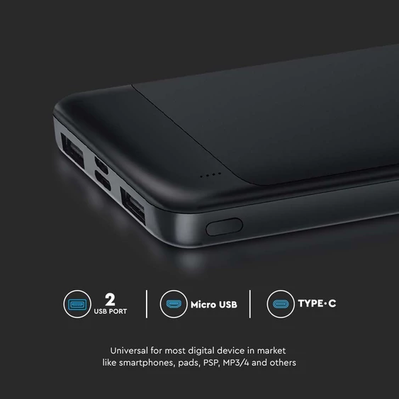V-TAC fekete 10000mAh powerbank, Power Delivery, gyorstöltéssel, Type-C kábellel - SKU 7833