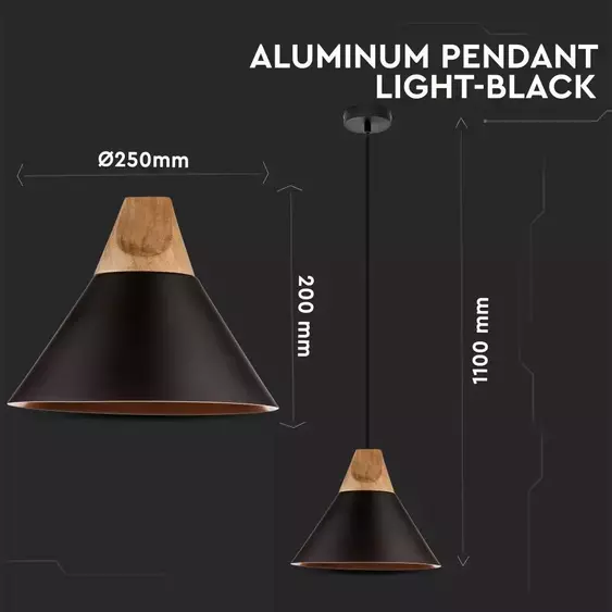 V-TAC fekete alumínium+fa csillár, függeszték E27 foglalattal - SKU 3757