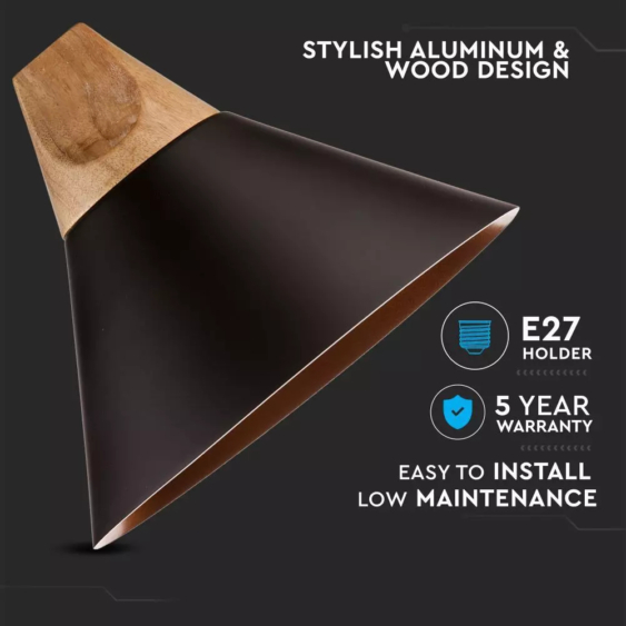 V-TAC fekete alumínium+fa csillár, függeszték E27 foglalattal - SKU 3757
