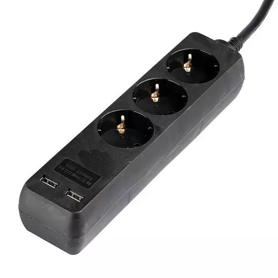 V-TAC fekete elosztó 3db aljzattal, 2db USB csatlakozó, 1.5m kábel - SKU 8776