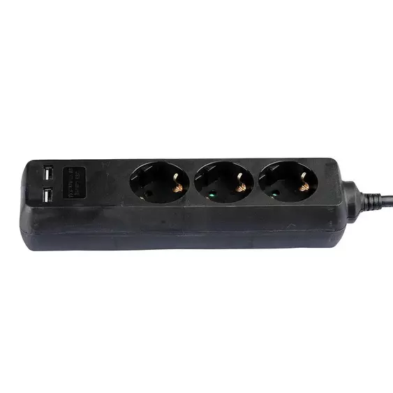 V-TAC fekete elosztó 3db aljzattal, 2db USB csatlakozó, 5m kábel - SKU 8777