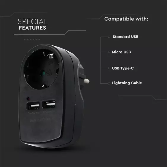 V-TAC fekete, fali adapter 1db aljzattal, 2db USB csatlakozóval - SKU 8796