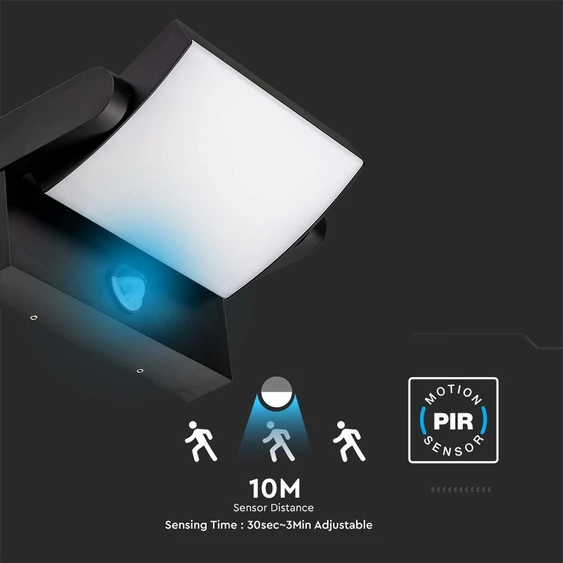 V-TAC fekete fali dönthető kültéri 17W LED lámpatest mozgásérzékelővel, meleg fehér - SKU 2940