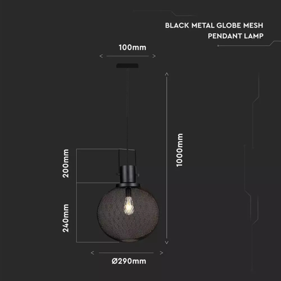V-TAC fekete fémháló búrás csillár, függeszték E27 foglalattal - SKU 3859