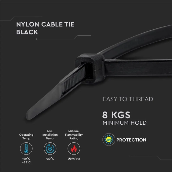 V-TAC fekete, műanyag gyorskötöző 2.5x100mm, 100db/csomag - SKU 11160
