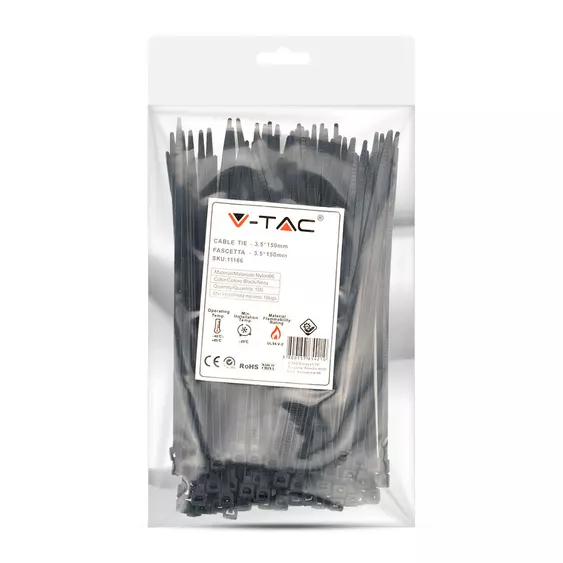 V-TAC fekete, műanyag gyorskötöző 3.5x150mm, 100db/csomag - SKU 11166