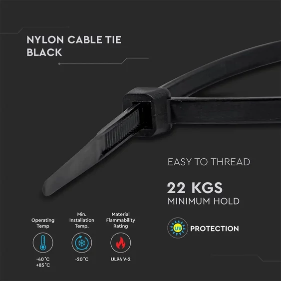 V-TAC fekete, műanyag gyorskötöző 4.5x300mm, 100db/csomag - SKU 11174